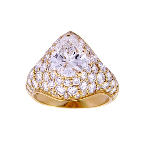 20th century pear diamond bombe cluster ring by Cartier, c.1970, claw set with a 1.78ct F SI1 brilliant cut pear shaped diamond,